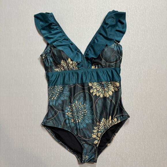 Averie Nori Swimsuit Retro One Piece Ruffle Floral Print Size Large Sustainable - Picture 2 of 7